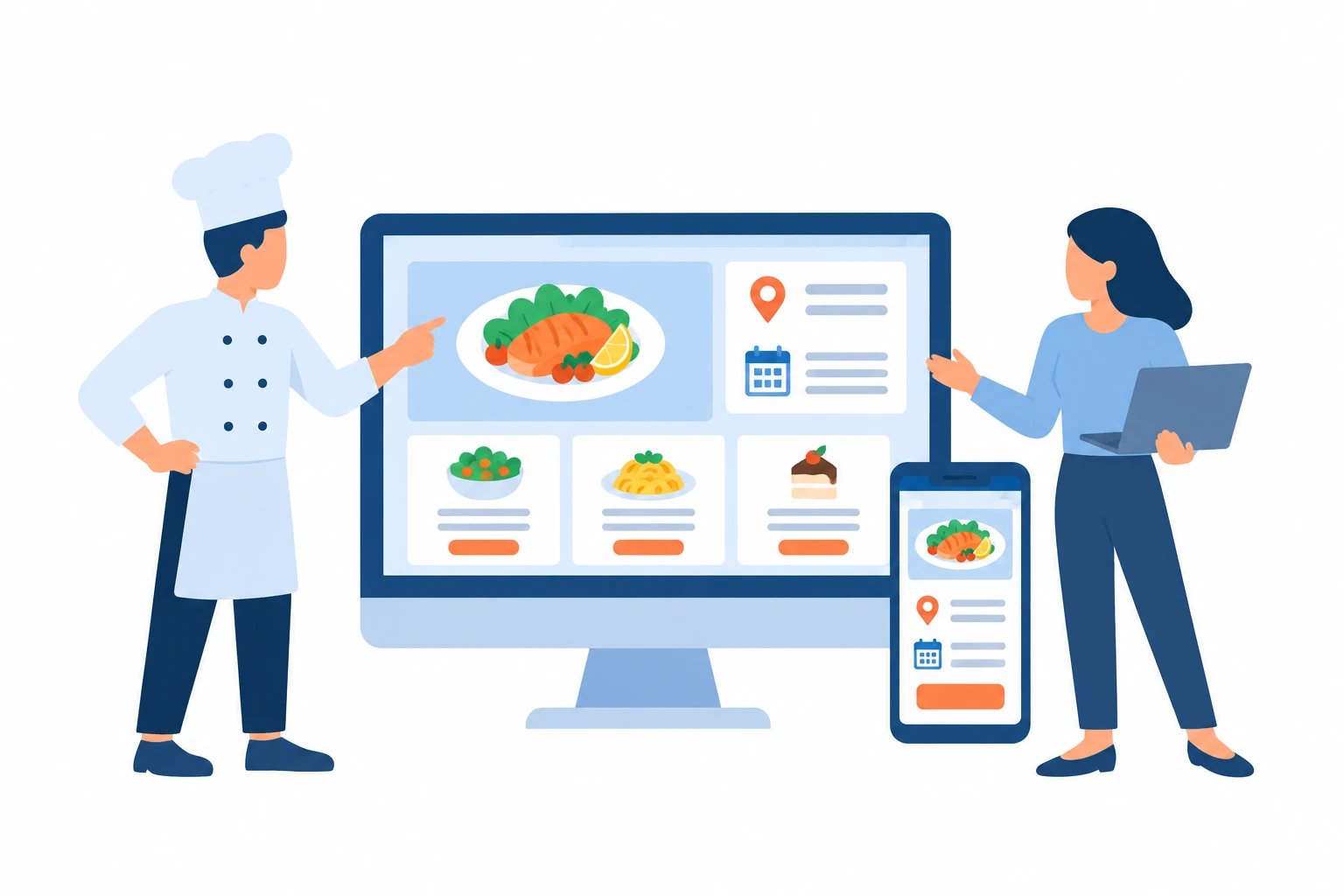 飲食店のサイトと予約への入口を示す2Dイラスト