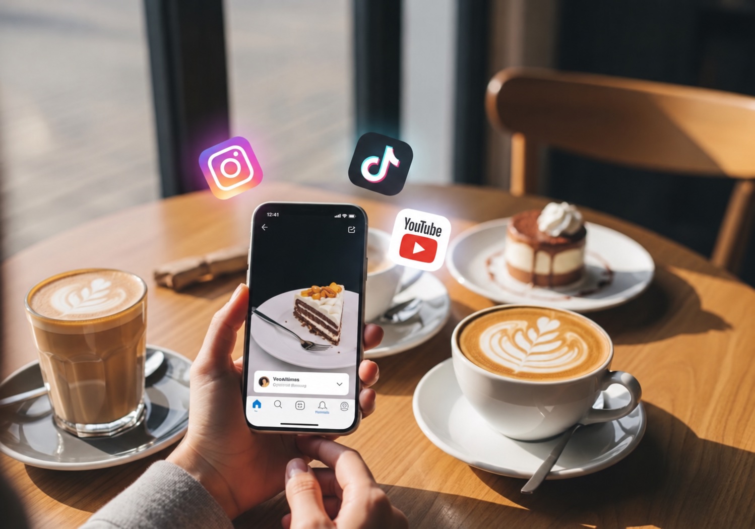 飲食店のSNS発信をイメージしたスマートフォンとカフェのテーブル