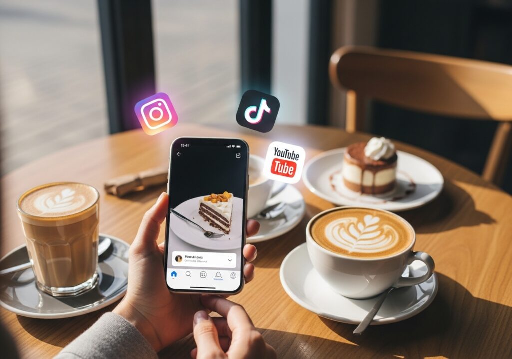 飲食店のSNS発信をイメージしたスマートフォンとカフェのテーブル